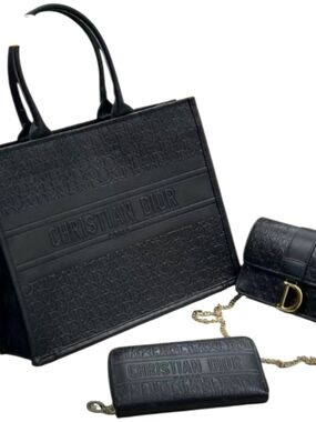 Women's Black Tote Bag with Chain Wallet & Mini Bag